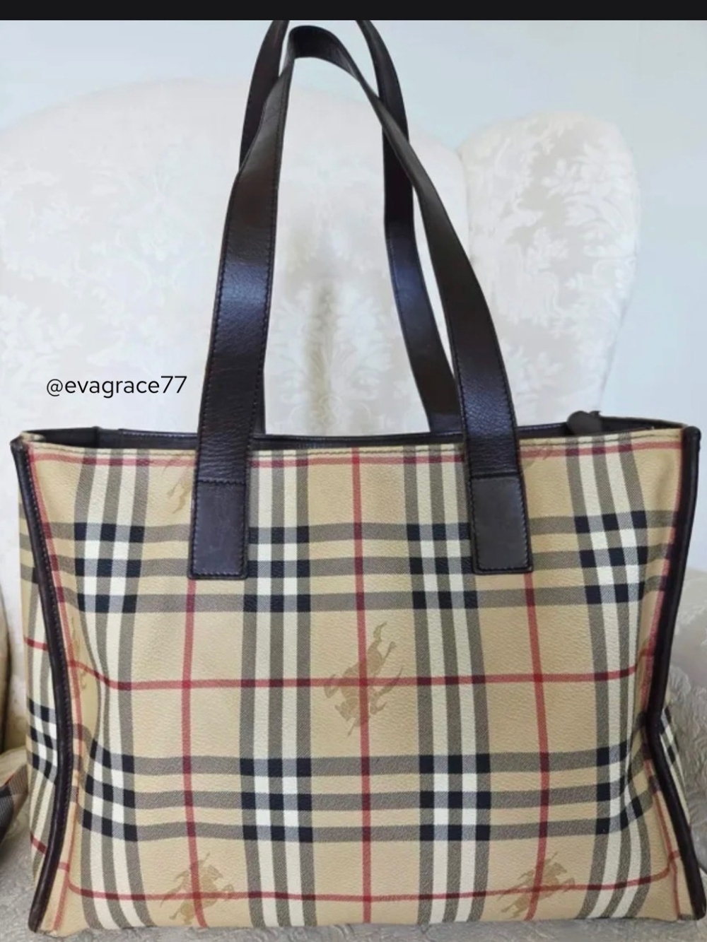 Burberry Beige Vintage Check Tote with Dark Brown Leather Straps!